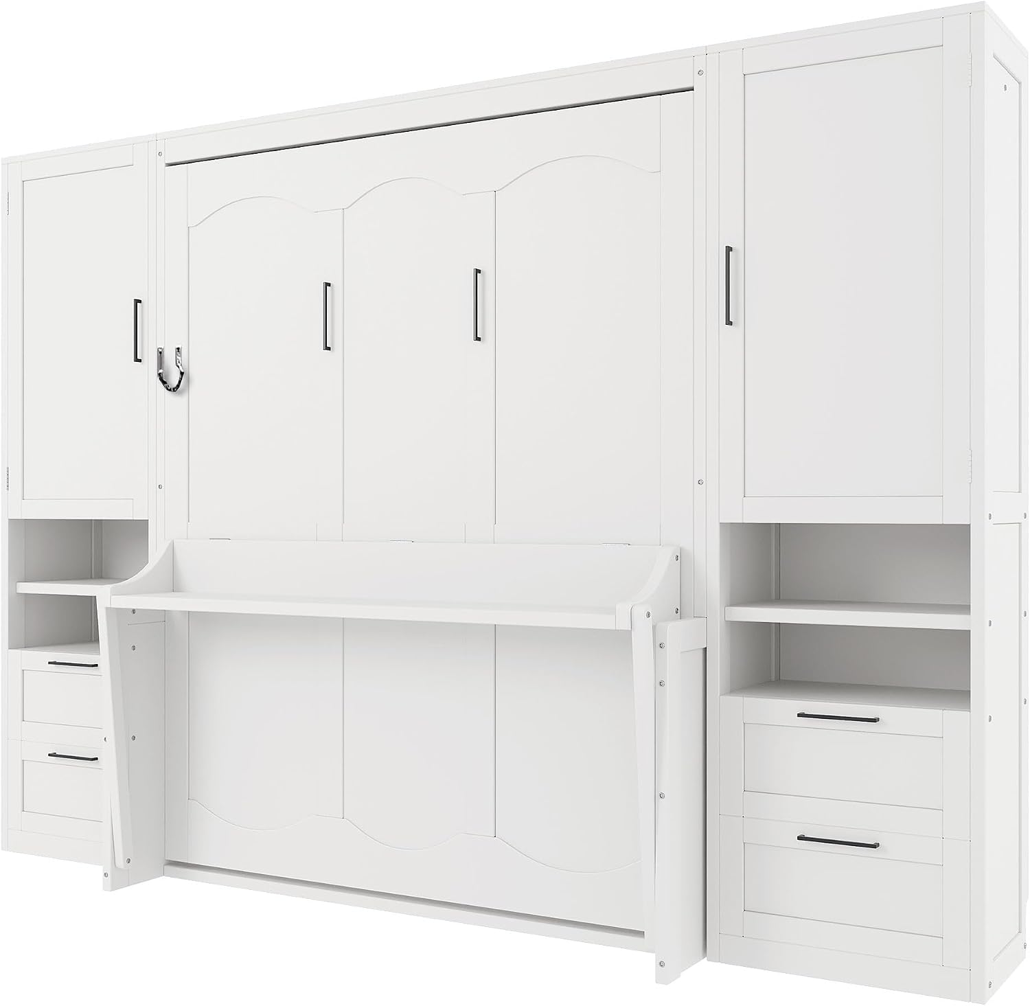 Merax Queen Size Murphy Bed with Desk, Multifunctional Foldable Wall Bed with Closet, Drawers and Shelves, Space-Saving Wood Platform Bed Frame for Small Spaces Studio Study Office Guest Room, White