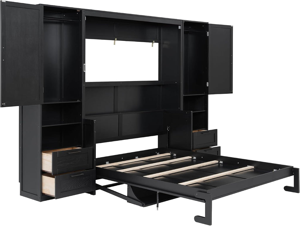 Merax Queen Size Murphy Bed with Desk, Multifunctional Foldable Wall Bed with Closet, Drawers and Shelves, Space-Saving Wood Bed Frame for Small Space Studio Study Office Guest Room, Black(Oak Veneer)