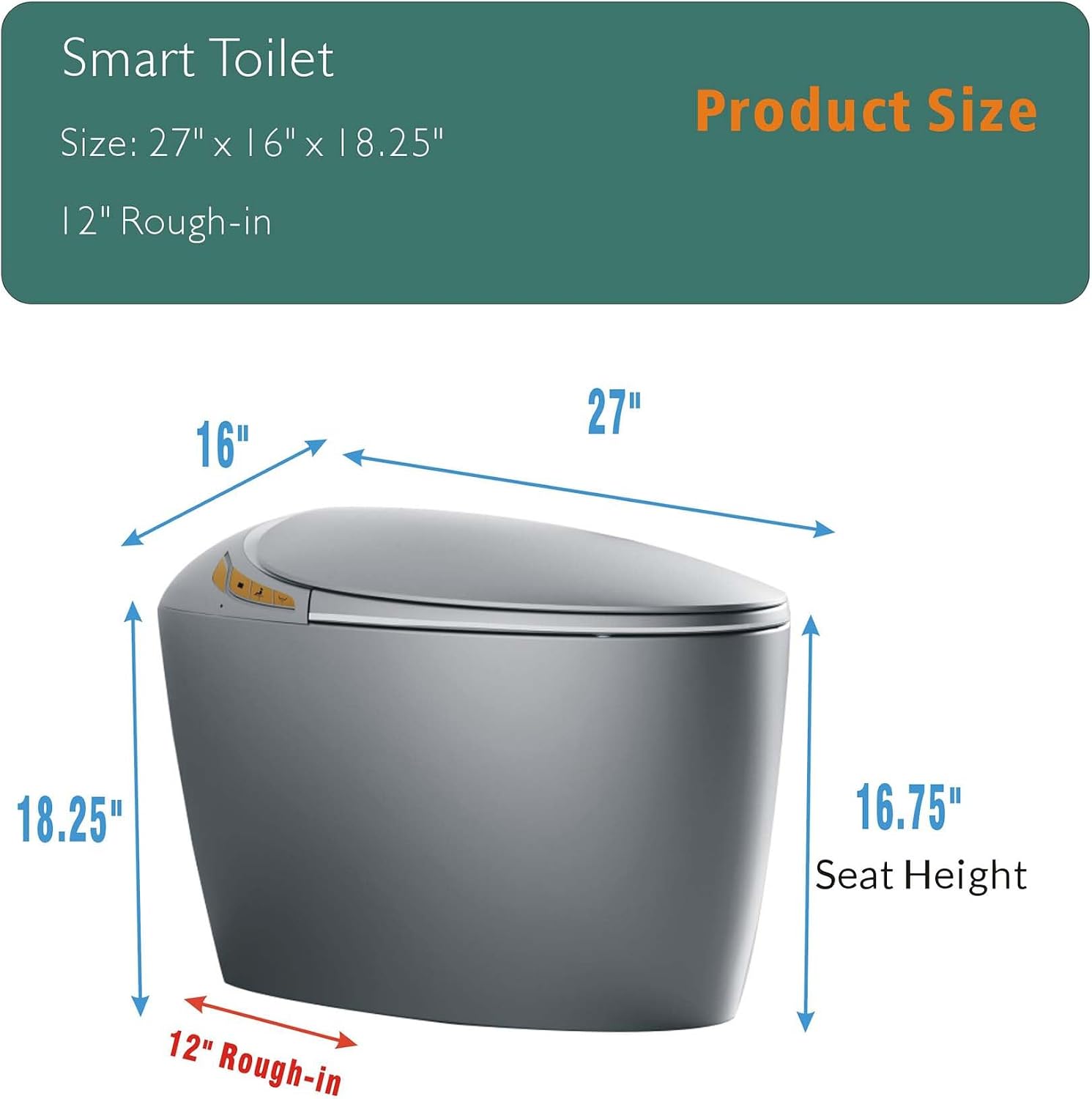 Black Smart Toilet with Bidet Built In, Luxury Elongated Electric Toilet with Heated Seat&Foot Sensor, 1.28 GPF Dual Flush, Auto Open/Close Seat, Warm Water&Dryer, Multiple Washing Modes (Grey)