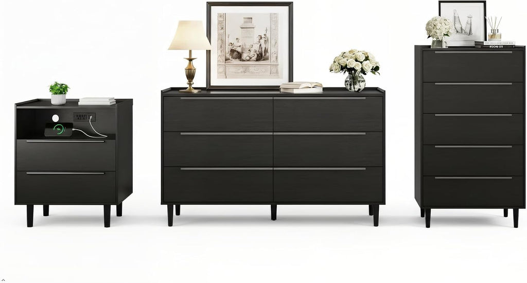 54' Wide Black 6 Drawer Dresser for Bedroom, Modern Wood Double Dresser with Raised-Edge Gallery Top, Metal Handles, Tapered Legs, Wide Chest of Drawers, Black Oak