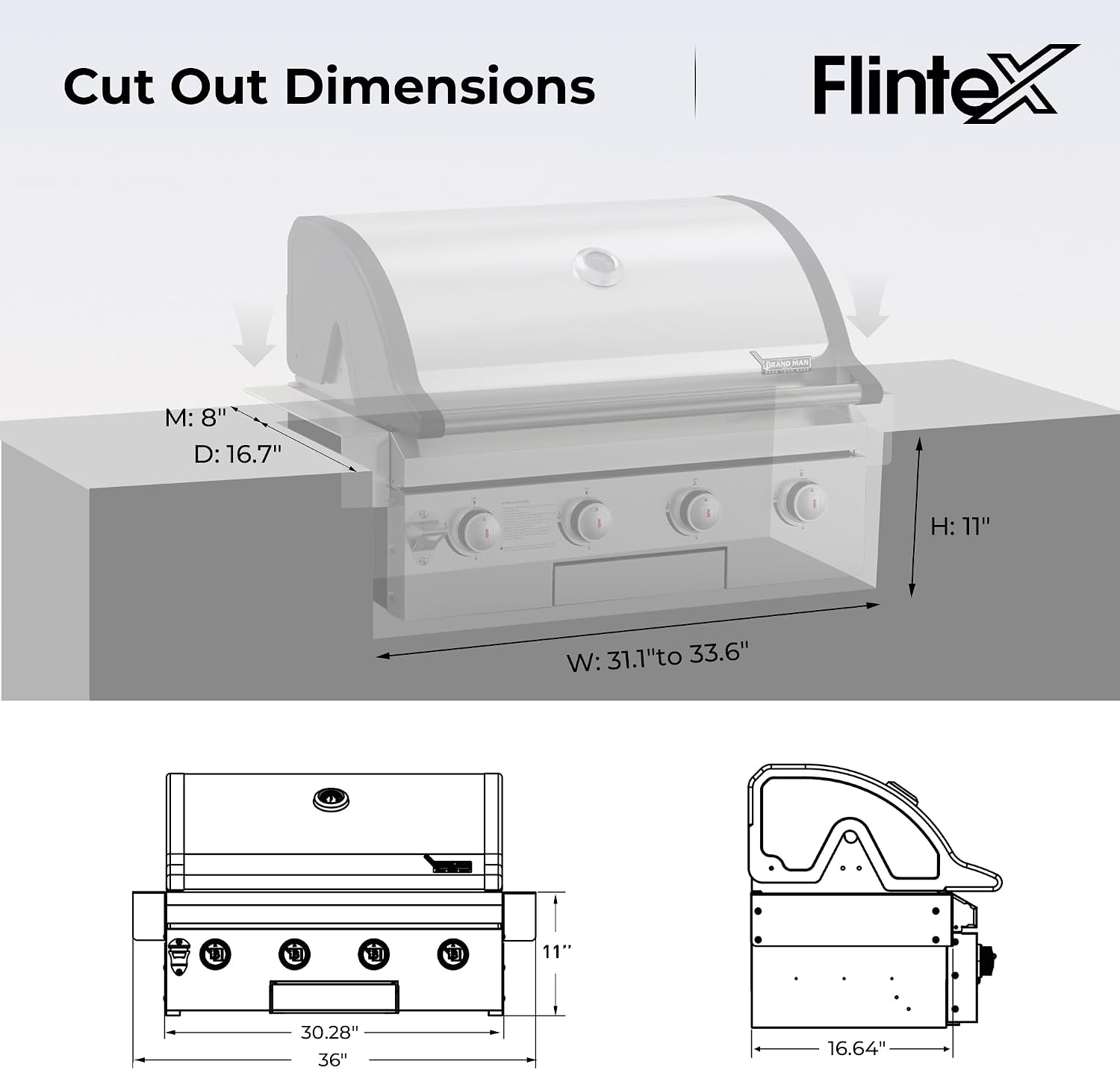 Flintex 30-inch Built-in BBQ Gas Grill (NG/LPG Convertible), 4-Burner Outdoor Kitchen Gas/Propane Grill with Griddle Combo, Stainless Steel Built-in Outdoor BBQ Grill for Outdoor Kitchen