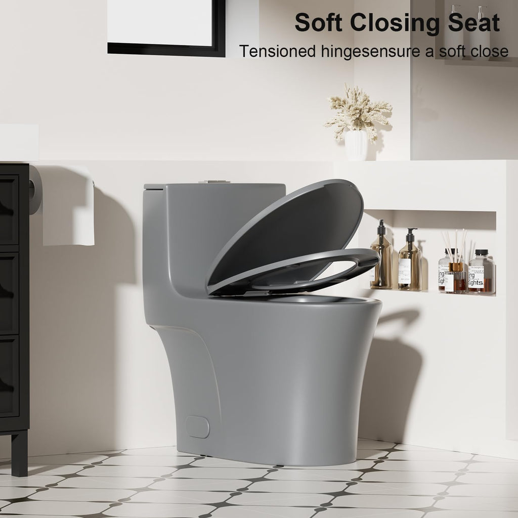 Elongated One Piece Toilet with ADA Comfort Height, Seat Chair Height 17.3' Modern Toilet for Bathroom, Dual Flush 0.8/1.6 GPF, MAP 1000g, 12' Rough-In, Soft Closing Seat, Light gray