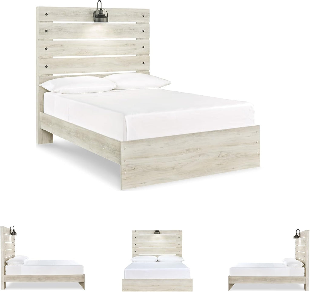 Signature Design by Ashley Cambeck Farmhouse Full Panel Bed with Sconce Light and USB Ports, Foundation or Box Spring Needed, Whitewash