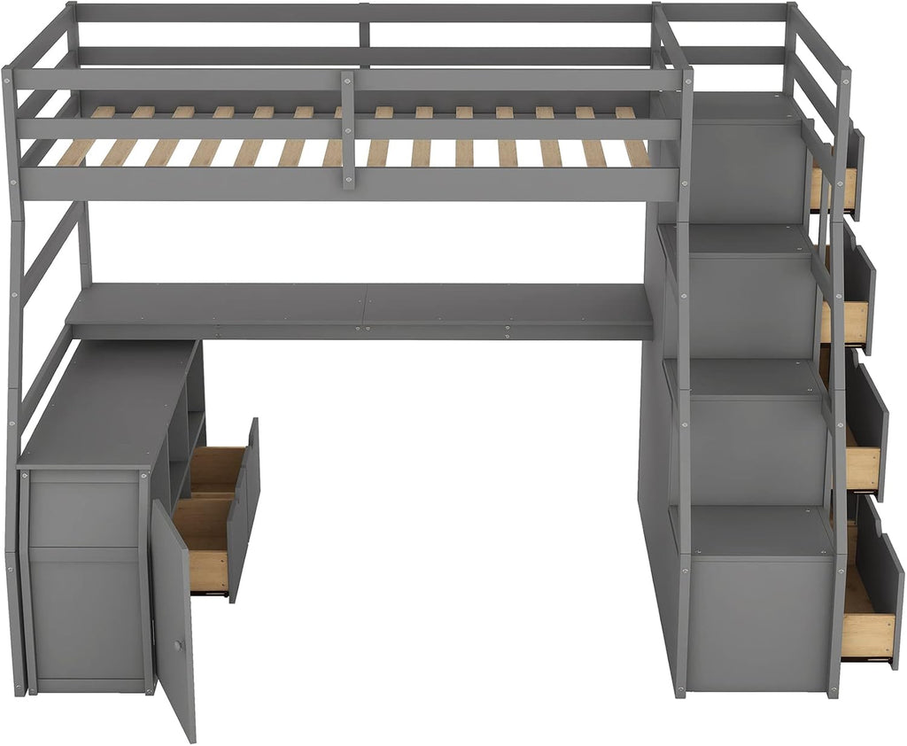 Bellemave Twin Size Loft Bed with Stairs and Desk, Wood Loft Beds with Cabinet and 7 Drawers, High Loft Bed Frame with Shelves and Step for Kids, Teen, Boys, Girls, Grey