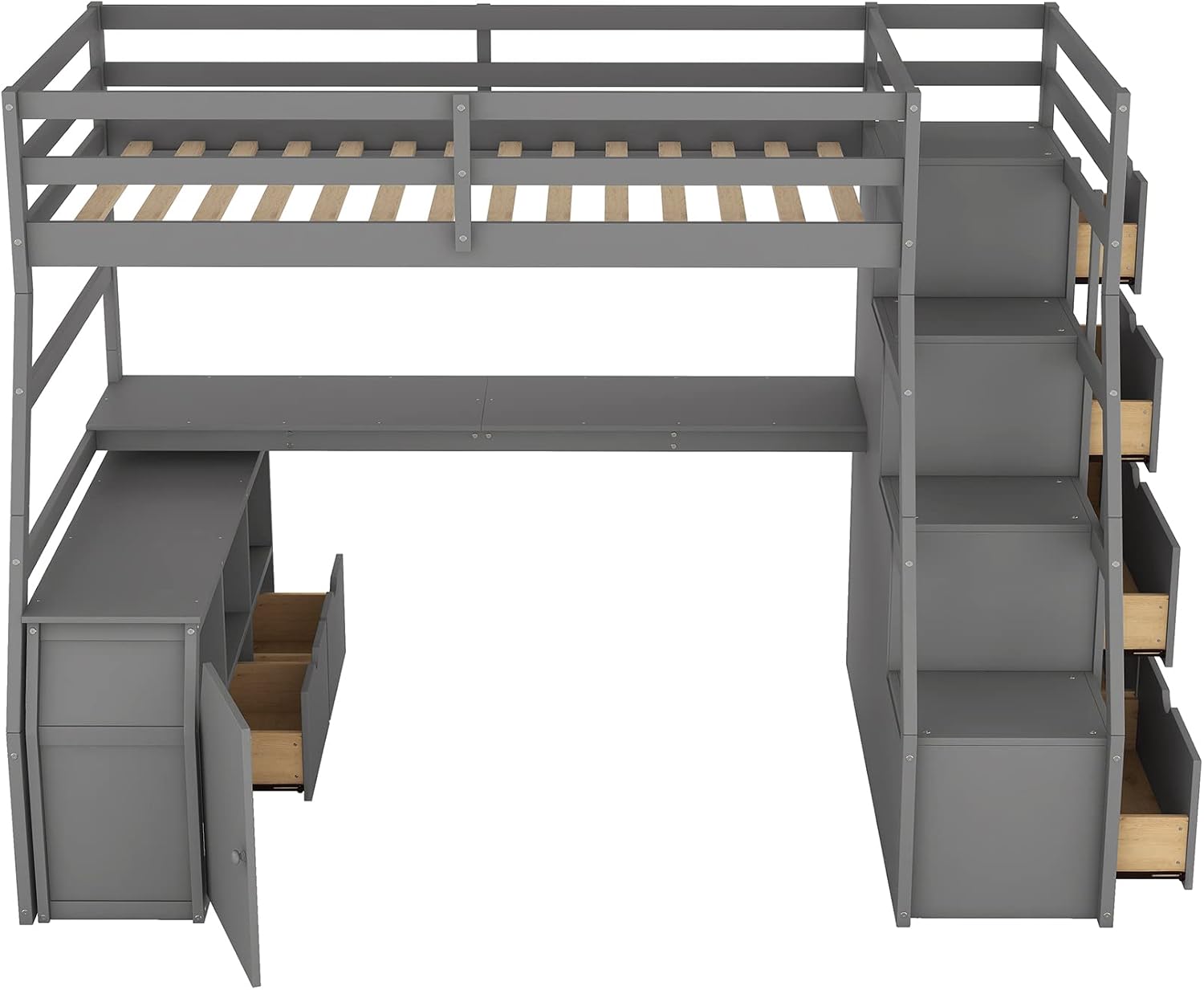 Bellemave Twin Size Loft Bed with Stairs and Desk, Wood Loft Beds with Cabinet and 7 Drawers, High Loft Bed Frame with Shelves and Step for Kids, Teen, Boys, Girls, Grey
