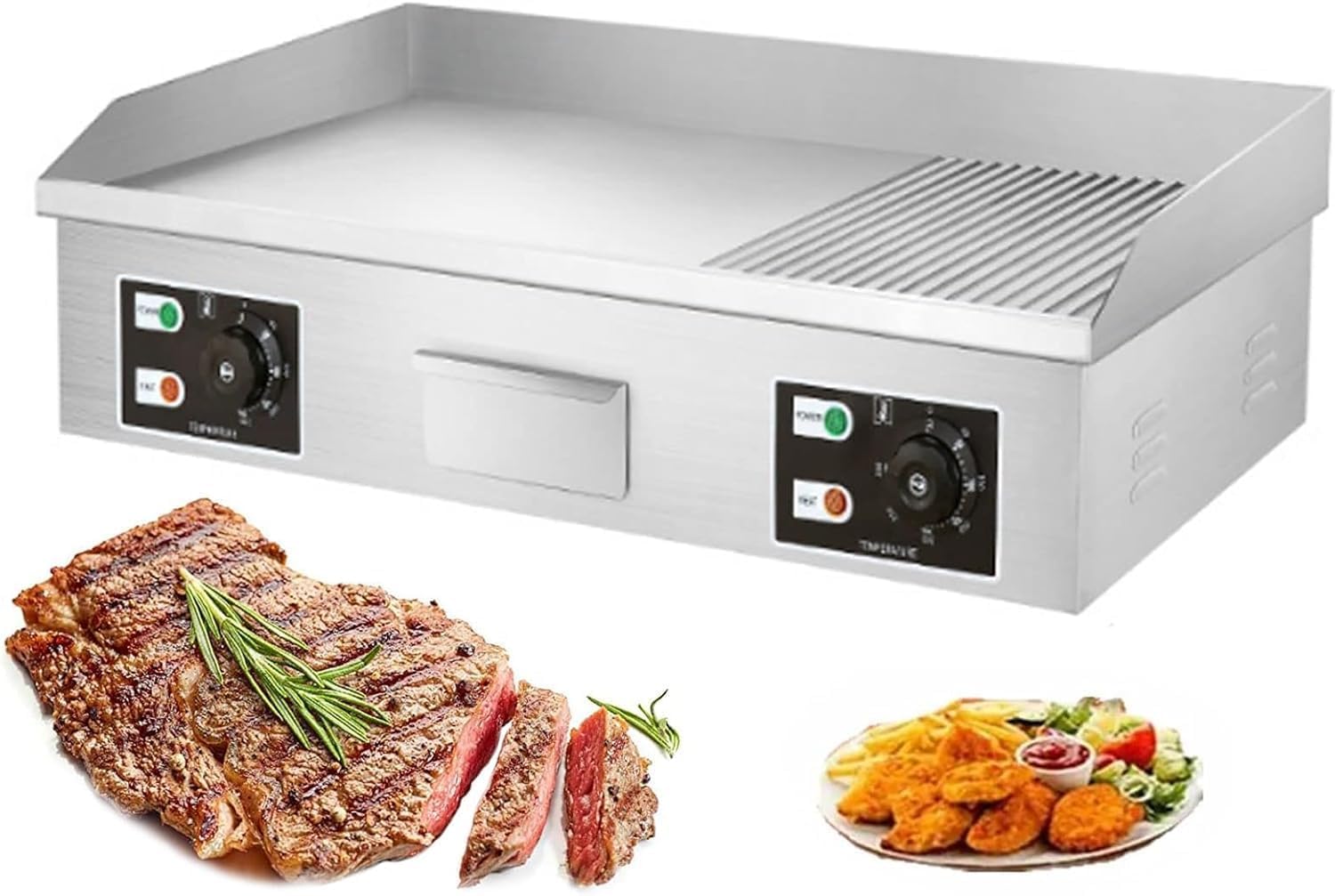 Electric Griddle Commercial, Countertop Flat Top Griddle, Stainless Steel Nonstick Hot Plate Commercial BBQ Grill, Two Burners with Thermostatic Control, 3000W