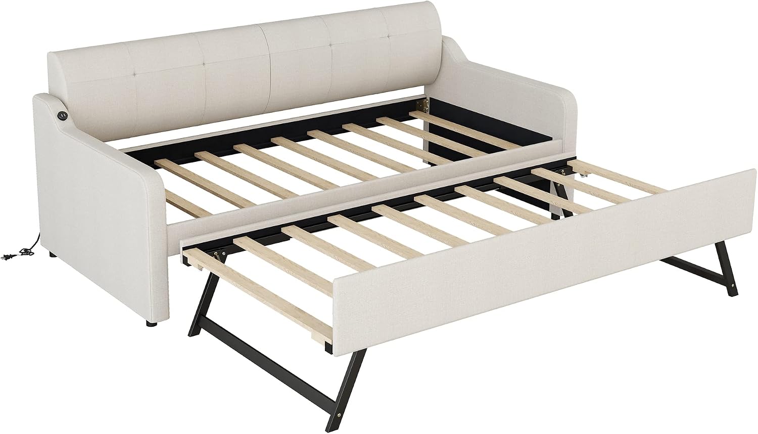 Daybed with Trundle and USB Charging Design, Twin Size Upholstery Day Bed Frame, Trundle can be Flat or erected,Beige