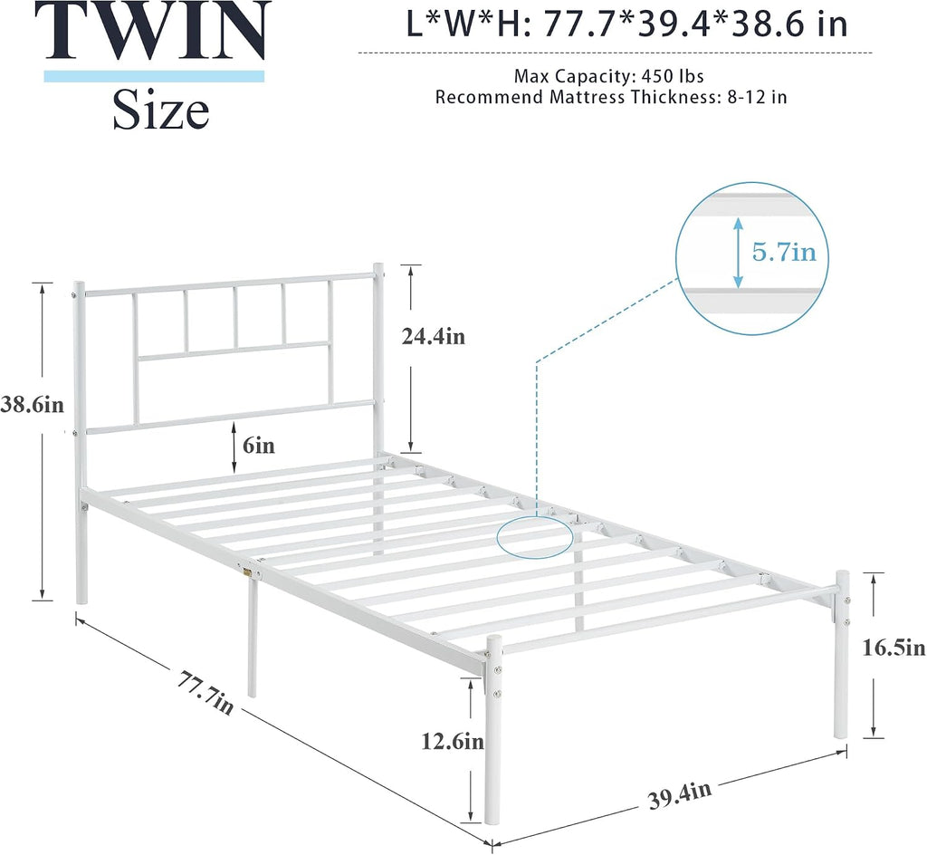 VECELO Twin Metal Platform Bed Frame with Headboard, Heavy Duty Steel Slats, No Box Spring Needed,Easy Assembly, Modern Minimalist Design, 2 PCS