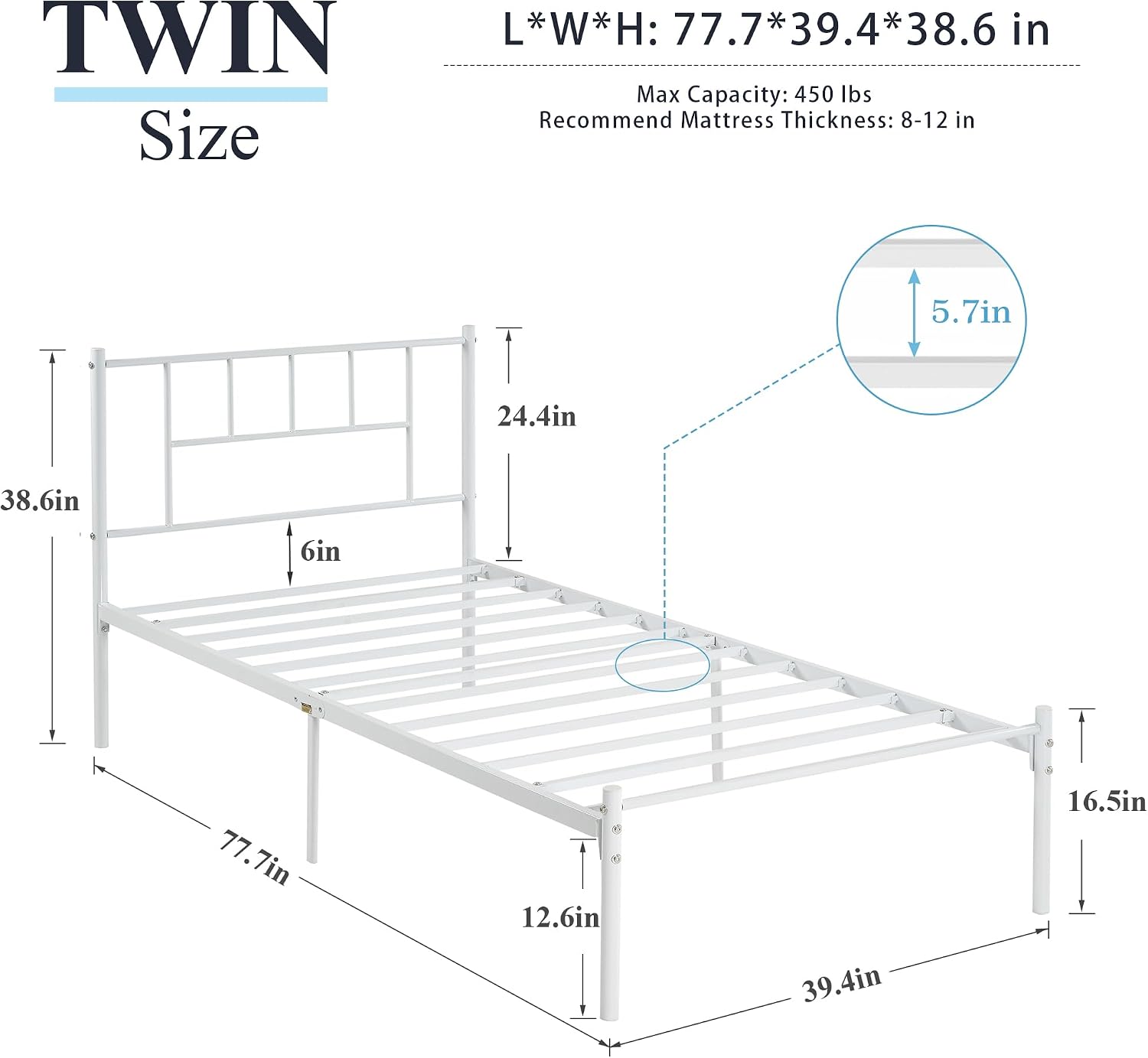 VECELO Twin Metal Platform Bed Frame with Headboard, Heavy Duty Steel Slats, No Box Spring Needed,Easy Assembly, Modern Minimalist Design, 2 PCS
