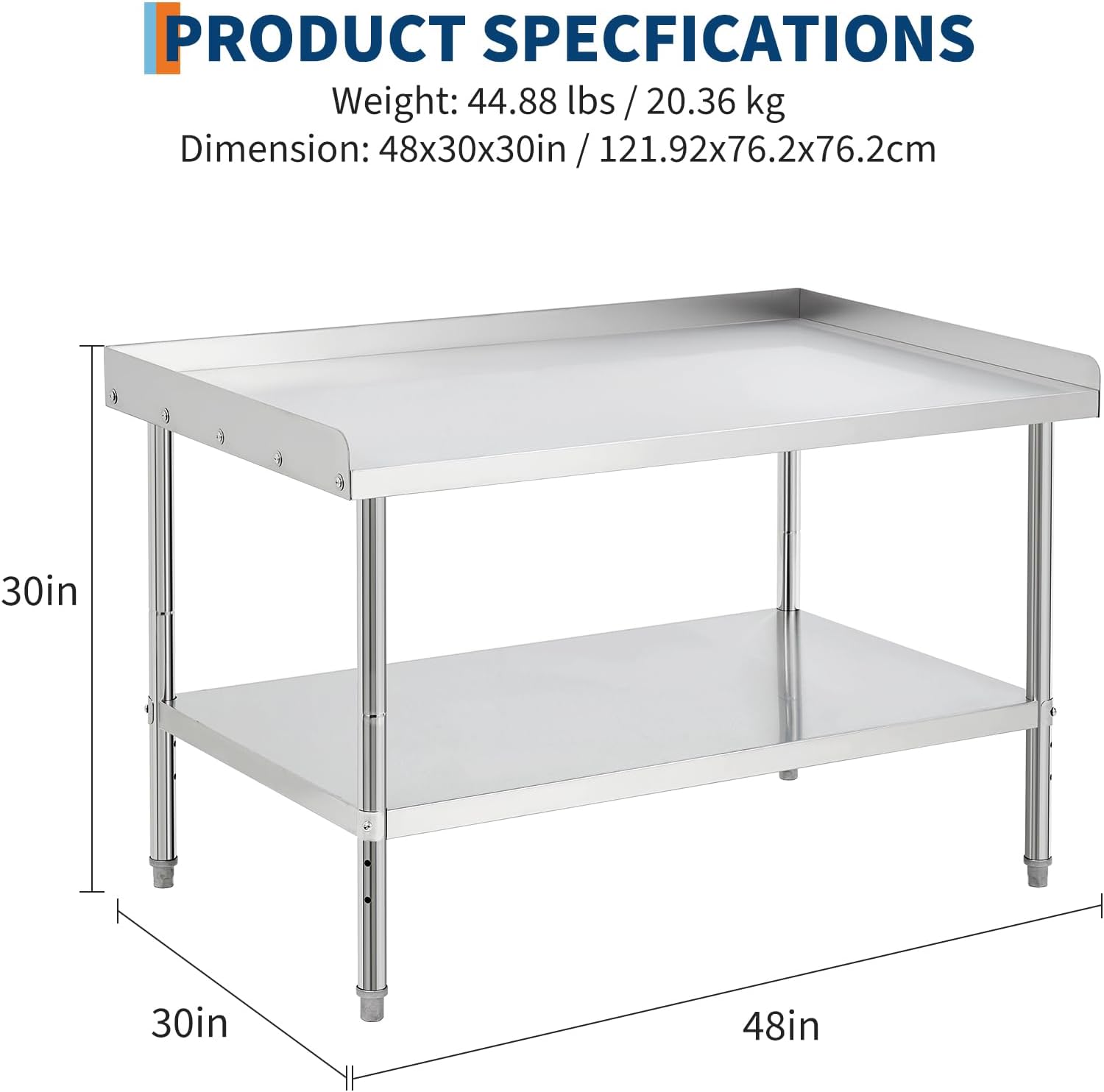 GarveeTech Stainless Steel Grill Stand Table - 48x30x30 Inches, 660 LBS Heavy-Duty Capacity, NSF Certified, with 2' Edge Baffle for Home, Commercial Restaurant Kitchen, Hotel