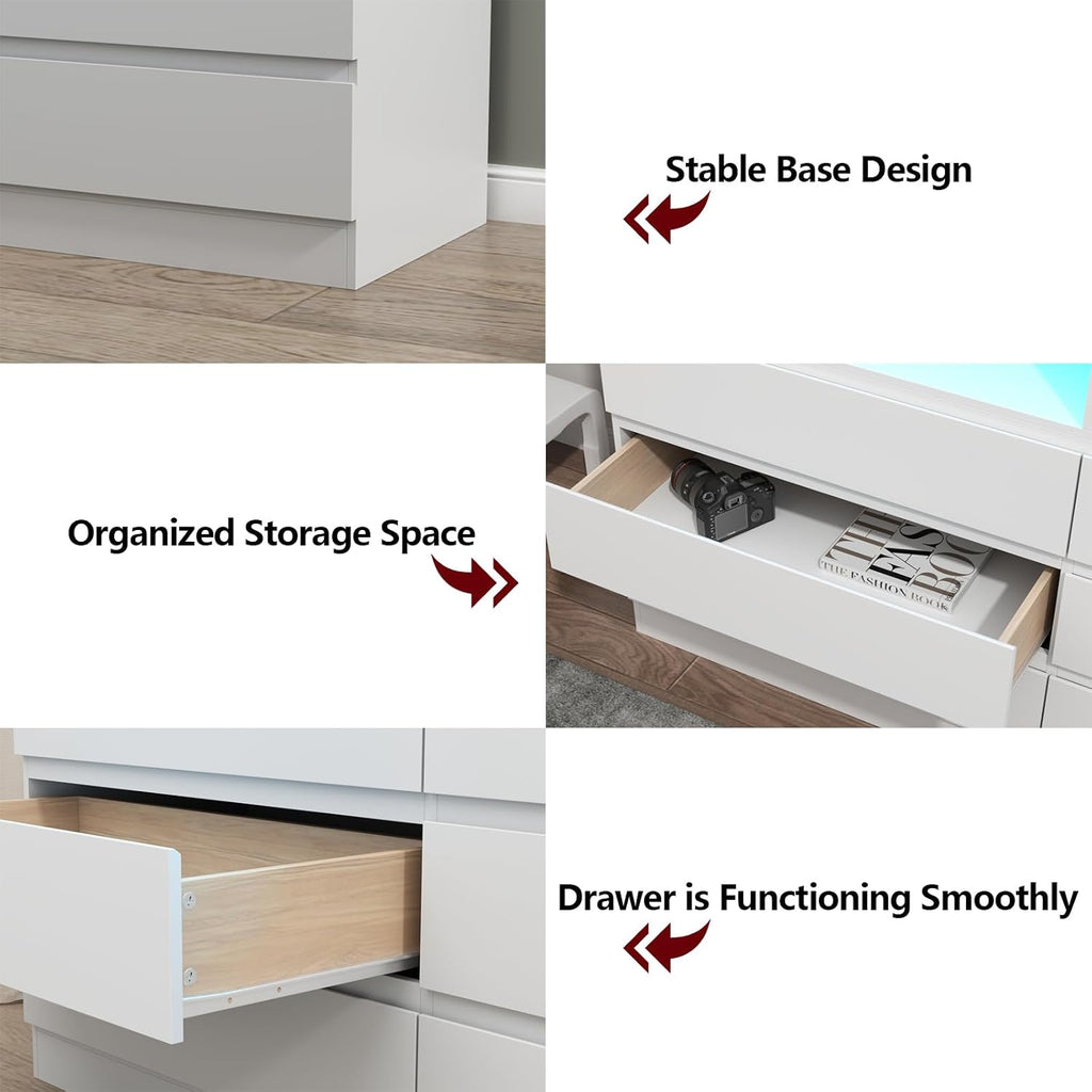 Gyfimoie 6 Drawer Double Dresser with Power Outlet, Accent Chests of Drawers with LED Light, Modern White Storage Dresser with Charging Station (Mirror Not Included)