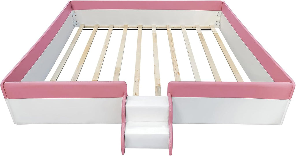VilroCaz King Size Upholstered Daybed Frame with Fence and Stairs, Montessori Kids Floor Bed with Sturdy Slat Support for Kids Boys Girls