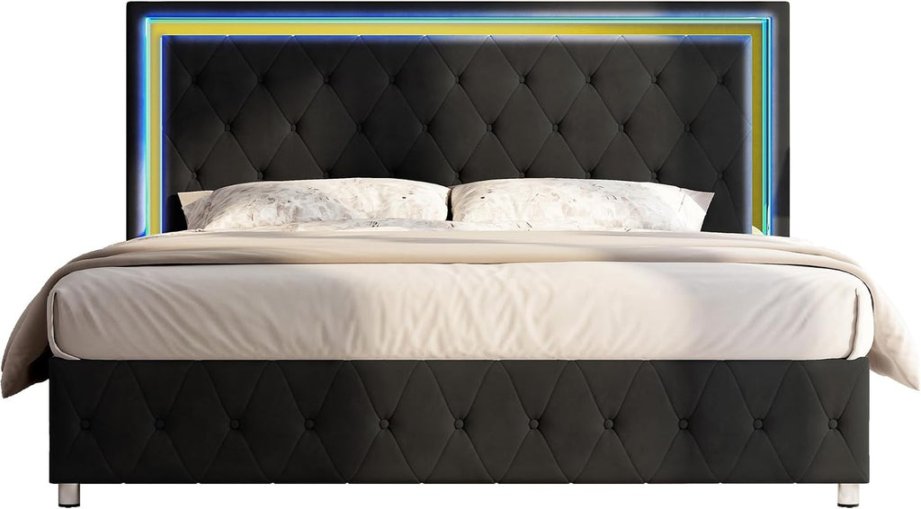 Jocisland Full Bed Frame with LED Lights Headboard&Footboard, Velvet Upholstered Full Size Platform Bed Frame No Box Spring Needed/Black