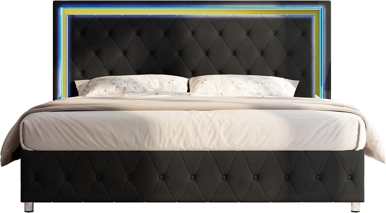 Jocisland Full Bed Frame with LED Lights Headboard&Footboard, Velvet Upholstered Full Size Platform Bed Frame No Box Spring Needed/Black