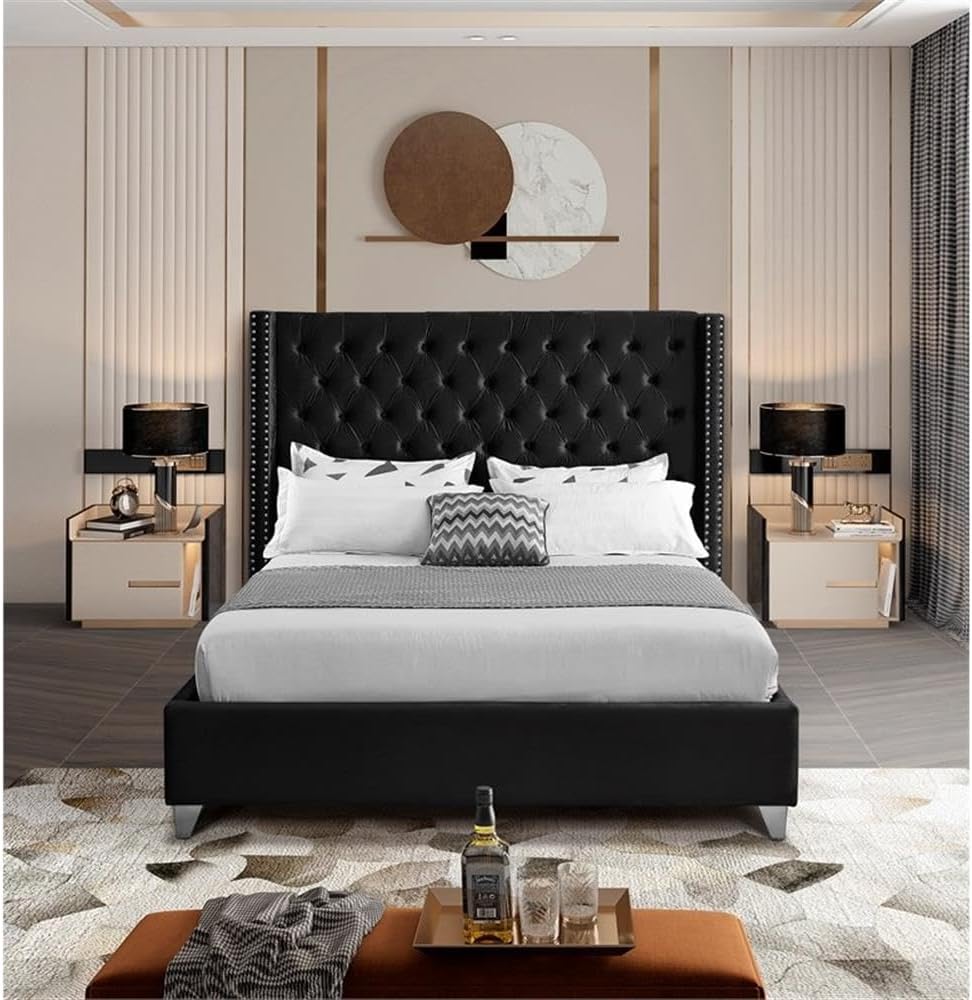 Meridian Furniture Aiden Collection Modern | Contemporary Velvet Upholstered Bed with Deep Button Tufting, Solid Wood Frame, and Custom Chrome Legs, Queen, Black