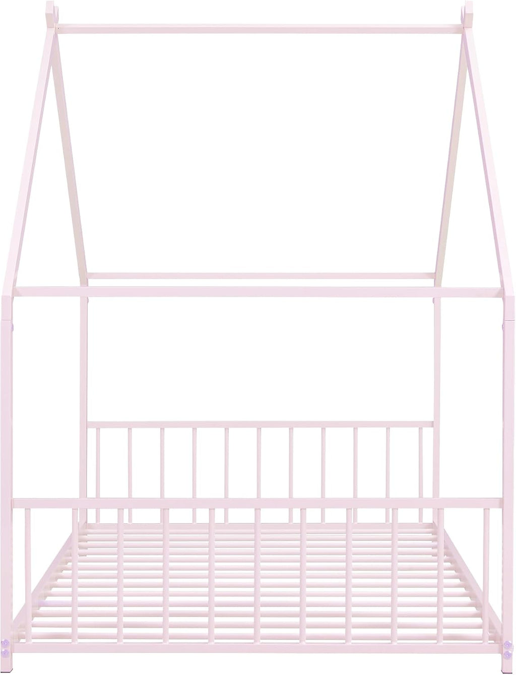 Bellemave Twin Floor BedFrame with Slats for Kids, Metal Montessori Floor Beds, Twin House Bed for Kids, Pink with roof
