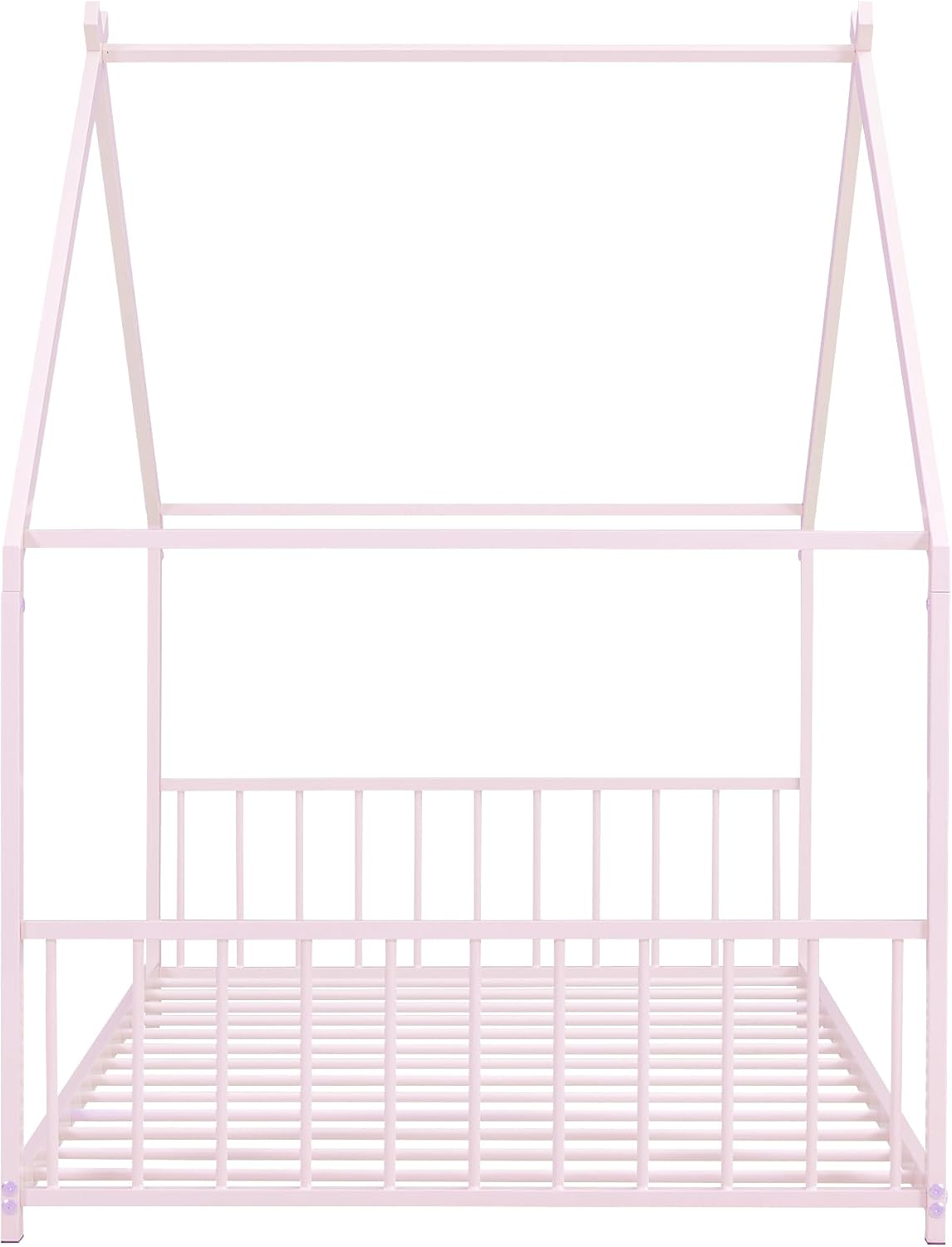 Bellemave Twin Floor BedFrame with Slats for Kids, Metal Montessori Floor Beds, Twin House Bed for Kids, Pink with roof