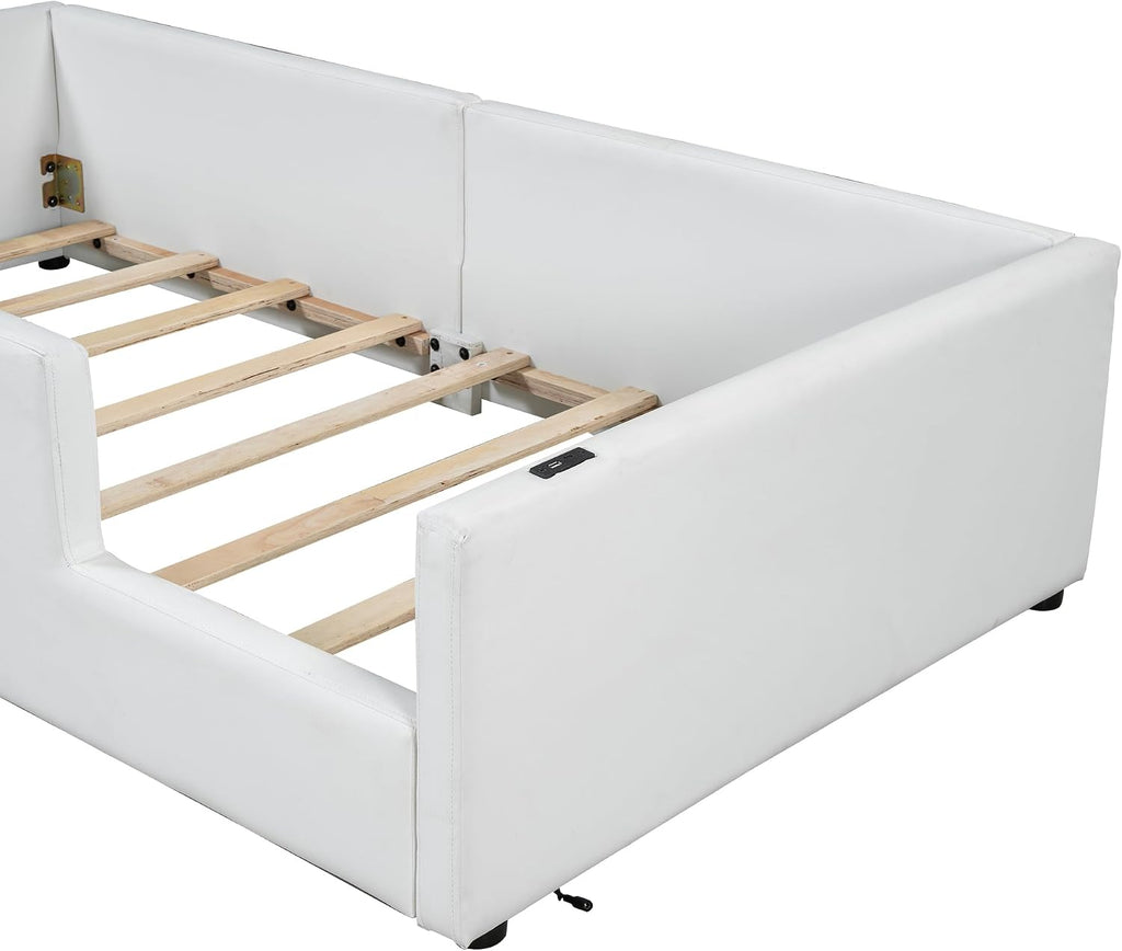 VilroCaz Twin Size Upholstered Platform Bed with Safety Guardrail, Montessori Kids Floor Bed, Child Grounded Bed with Charging Station and Sturdy Slats Support