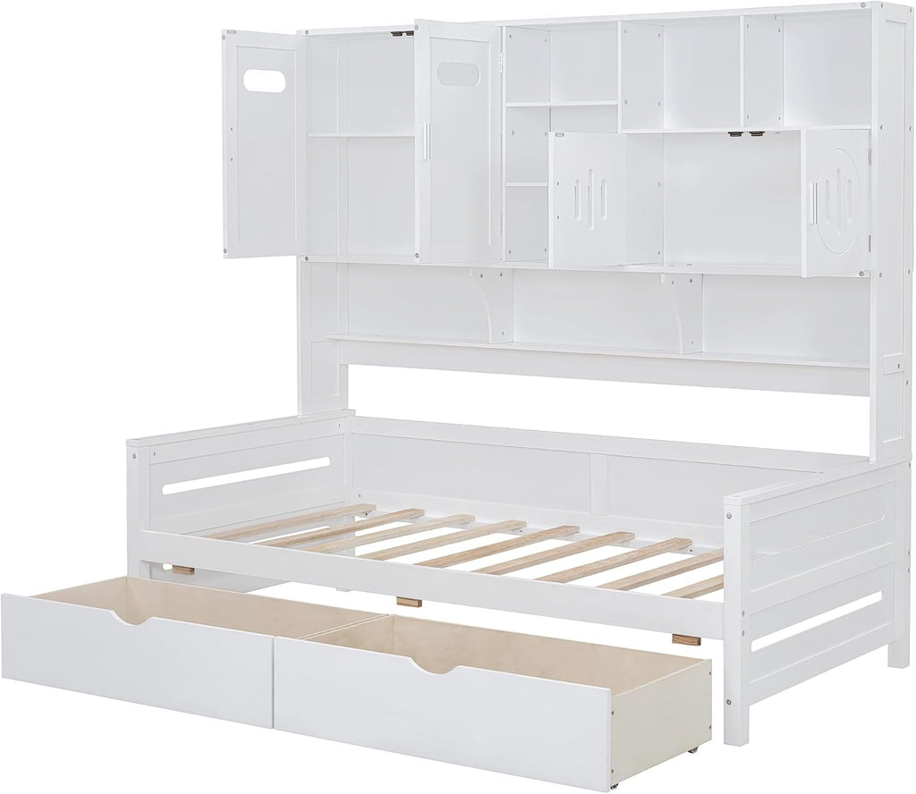 Merax Twin Size Wooden Daybed with 2 Drawers & Bookcase Headboard, and All-in-One Storage Cabinet and Shelf, White