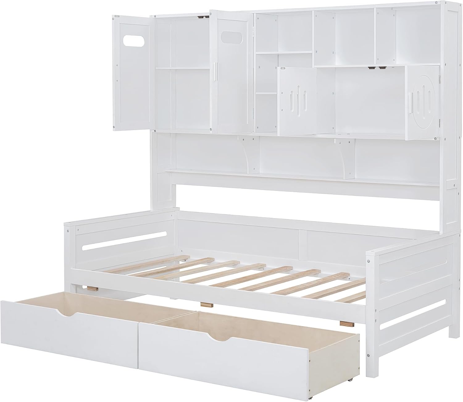 Merax Twin Size Wooden Daybed with 2 Drawers & Bookcase Headboard, and All-in-One Storage Cabinet and Shelf, White