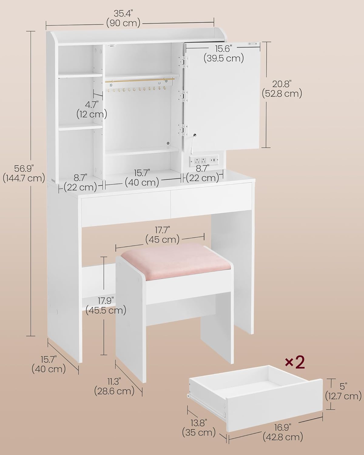 VASAGLE KAILYN Collection - Vanity Desk with Power Outlets, Makeup Vanity with Mirror and Lights, Upholstered Vanity Stool, LED Lights, 6 Compartments, 2 Drawers, for Bedroom, Cloud White URDT031W01