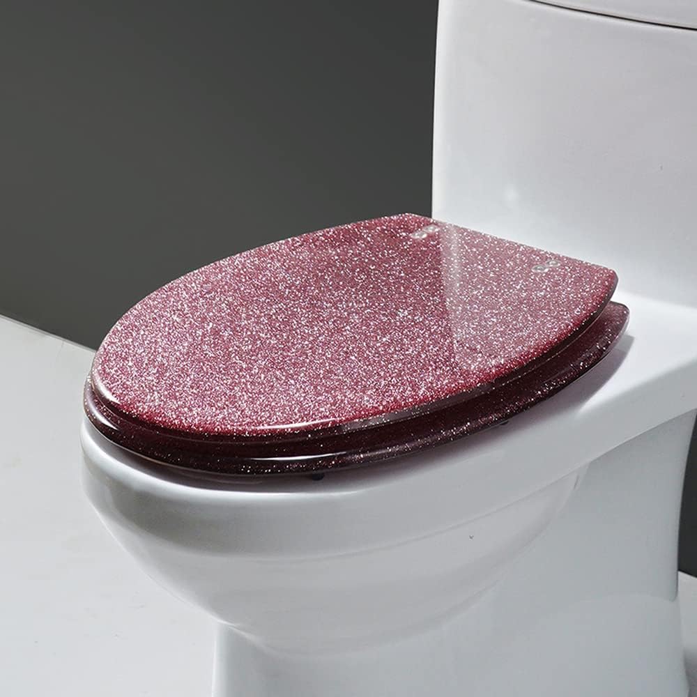 Toilet Seat Resin Glitter Toilet Seat, Sparkle Toilet Seat Cover Round Oval, Easy Installation and Cleaning, Soft Close Toilet Seat (Pink)