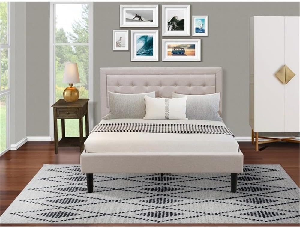 East West Furniture FN08Q-1DE07 2-Piece Platform Bedroom Furniture Set with 1 Modern Bed and a Mid Century Nightstand - Reliable and Sturdy Manufacturing - Mist Beige Linen Fabric