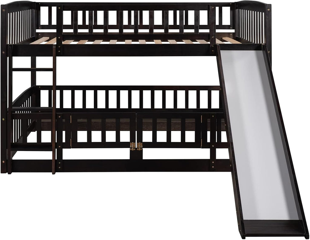 Bellemave Full Over Full Low Bunk Bed with Slide and Fence Railings Wood Floor Bunk Beds with Ladder for Kids Boys Girls Teens, Espresso