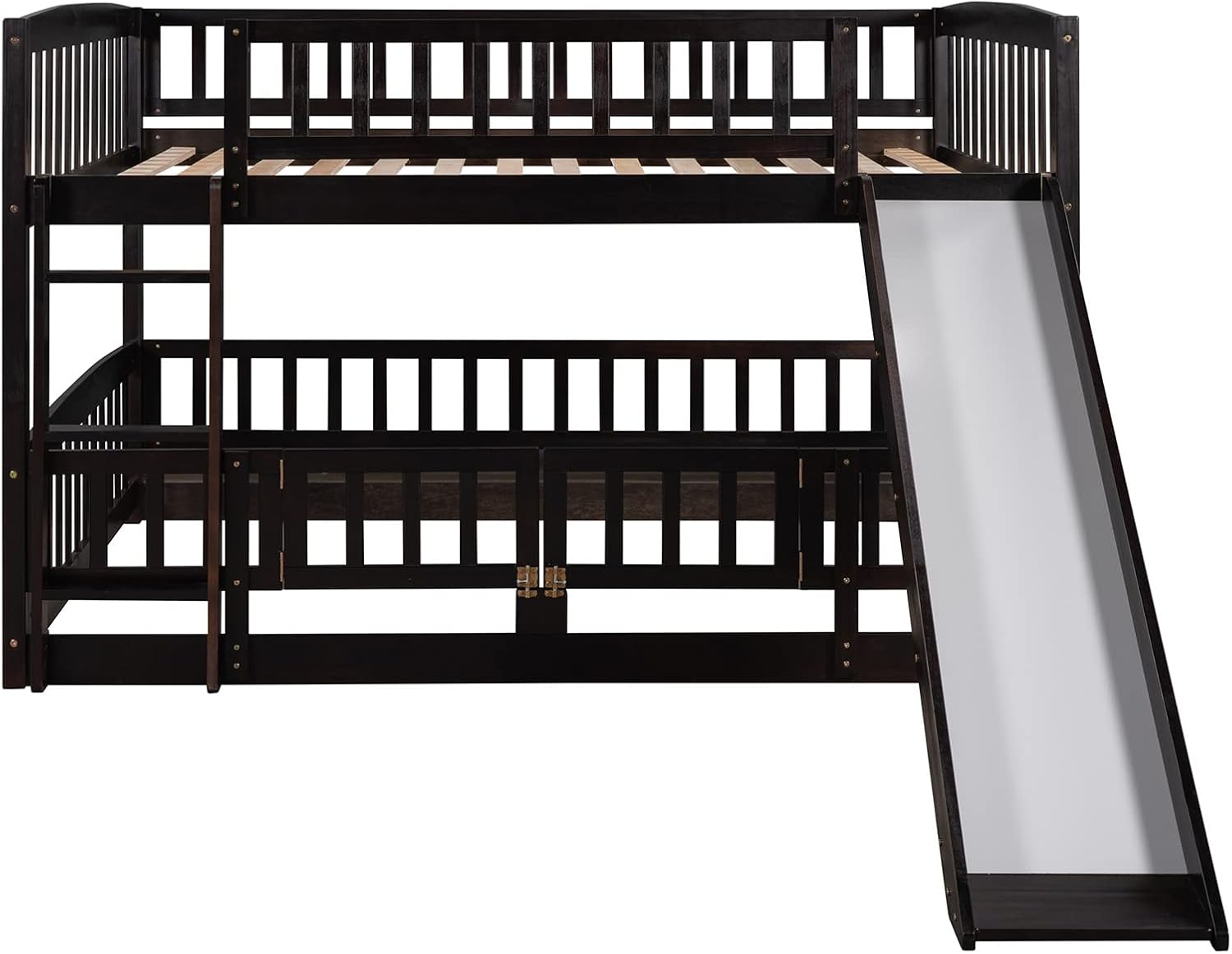 Bellemave Full Over Full Low Bunk Bed with Slide and Fence Railings Wood Floor Bunk Beds with Ladder for Kids Boys Girls Teens, Espresso