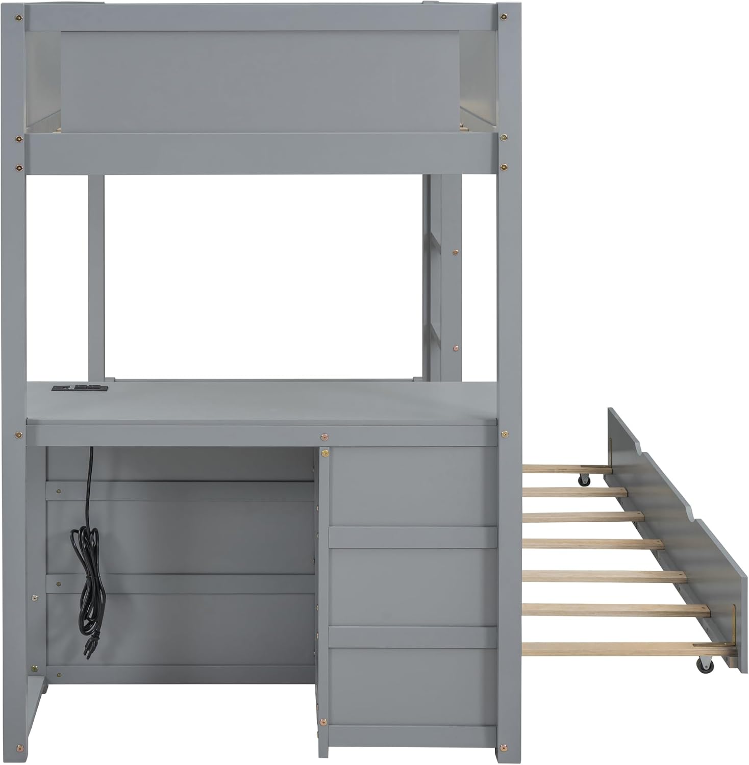 Ball & Cast Twin-Over-Twin Bunk Bed with Twin Size Trundle,Solid Wood Bedframe W/Desk & Drawers,USB,Space Saving,Easy Assembly,Multifunctional Bedroom Furniture Set for Boys Girls Teens,Gray
