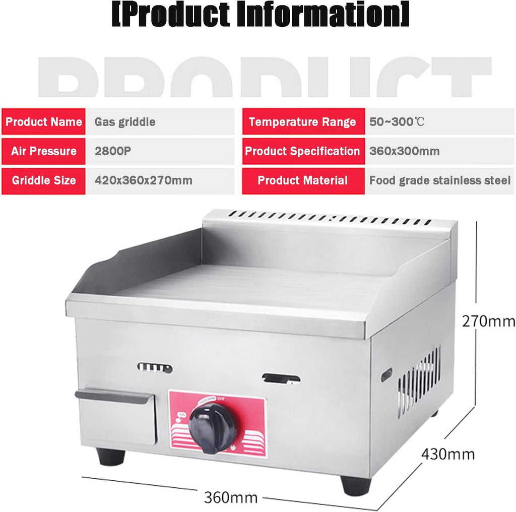 Commercial Griddle, Commercial Propane Gas Electric Countertop Griddle Stainless Steel Flat Top Grill Hot Plate BBQ, Heavy Duty Flat Top Countertop Restaurant Griddl