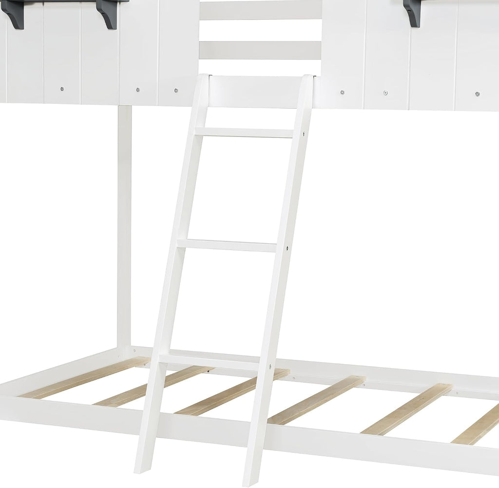 Polibi Twin Over Twin Low Bunk Bed, Wooden House Bed with Roof, 2 Front Windows, 2 Small Shelves, Ladder and Guardrail, White