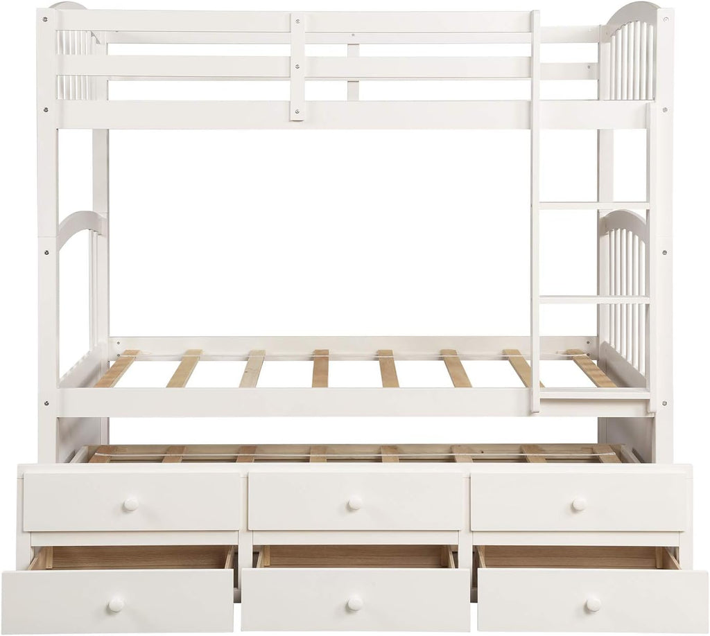 Harper & Bright Designs Twin Over Twin Bunk Bed with Trundle and Storage, Solid Wood Bunk Bed Frame with 3 Drawers for Kids, Teens, Adults (White)
