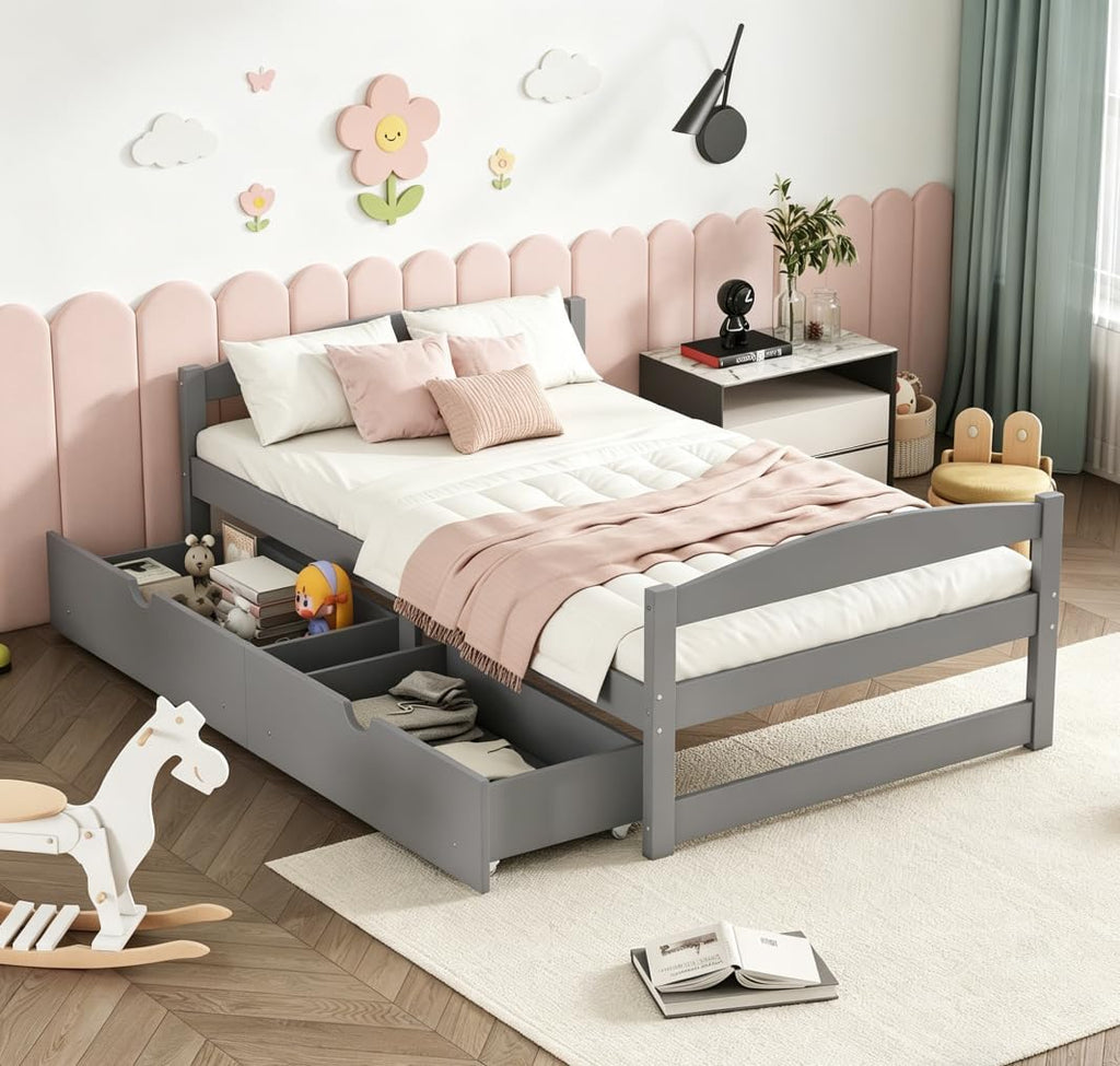 Bellemave Twin Kids Bed with Storage 2 Drawers and Headboard, Wood Twin Daybed with Storage, BedFrames for Kids, Adults, Gray