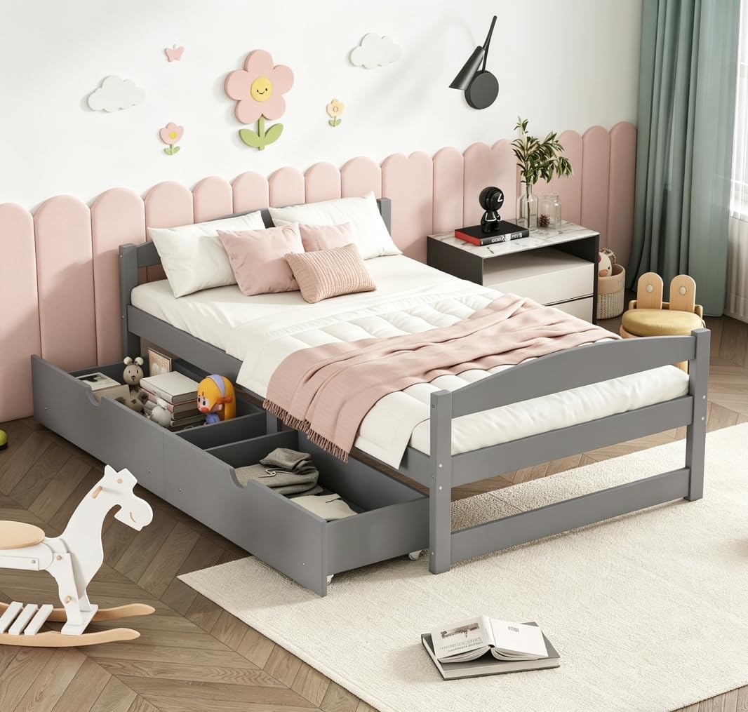Bellemave Twin Kids Bed with Storage 2 Drawers and Headboard, Wood Twin Daybed with Storage, BedFrames for Kids, Adults, Gray