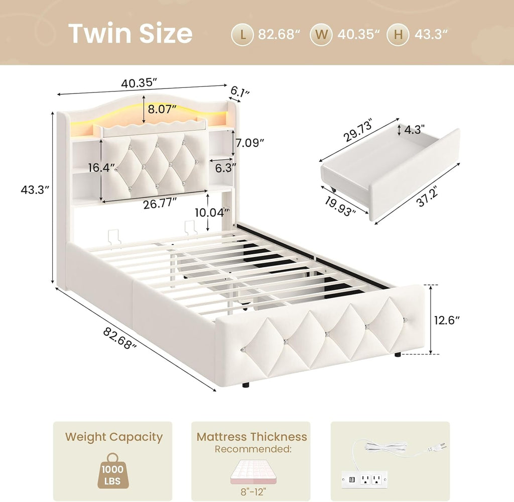 DICTAC Twin Size Bed Frame for Kids with Storage Drawers, Bookcase Headboard, LED Lights and Power Outlets, Diamond Tufted Velvet Upholstered Princess Platform Bed, Heavy-Duty Metal Support, Beige