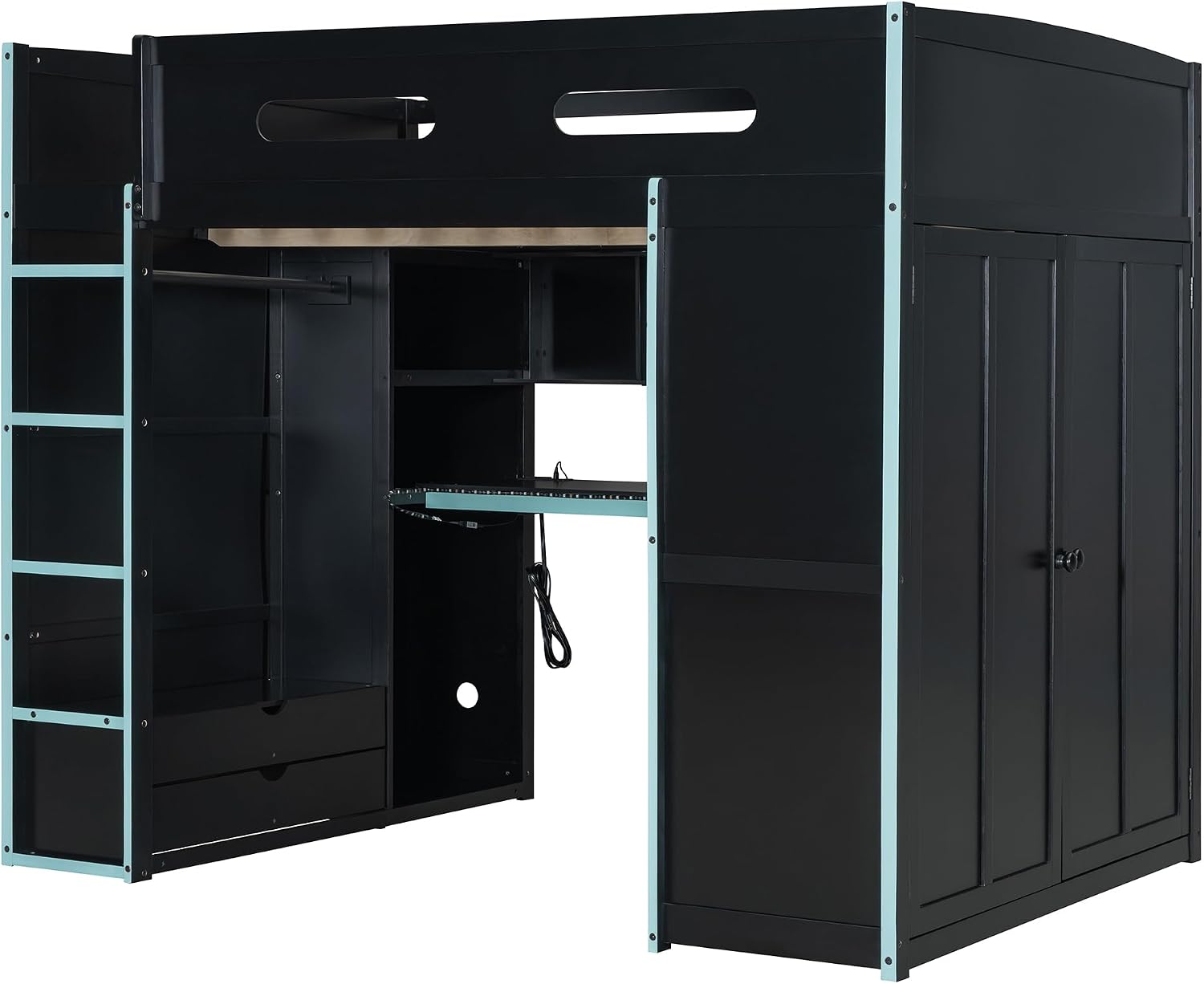 Ball & Cast Full Size Gaming Bed with Desk and Wardrobe,Wood Gamer Bed Frame w/Ample Storage Space & RGB Light,Full-Length Guardrails,USB Port,Ladder,Bedroom Furniture for Student Dorms,Cloud Blue