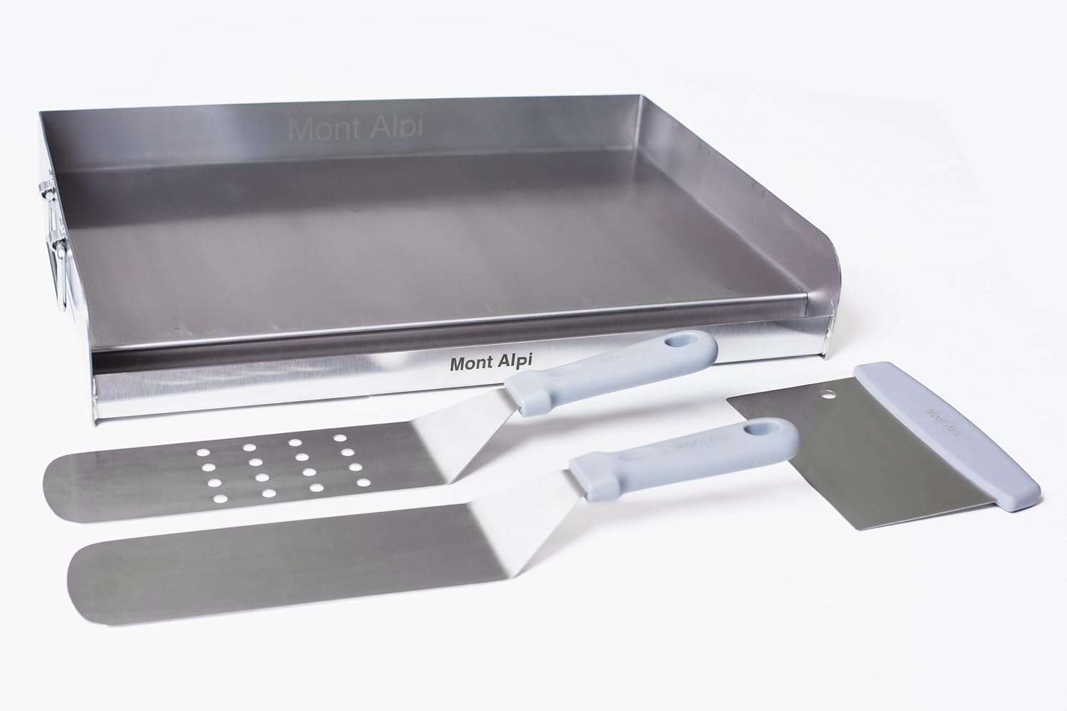 Mont Alpi MABi400-BSSTOOLKIT 32-inch 4 Burner 63000 BTU Black Stainless Steel Built-in Gas Grill + Universal Flat Top Griddle Kit & Pizza Converter + Barbecue 3 Piece Tool Kit with Cleaning Brush