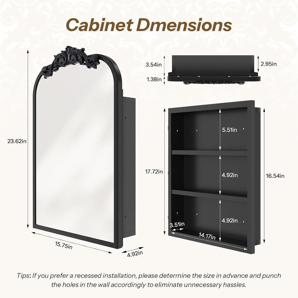 16x24 Inch Bathroom Medicine Cabinet with Mirror, Recessed or Surface Mount, Sturdy, Durable & Easy Installation, Vintage Metal Frame(Black)