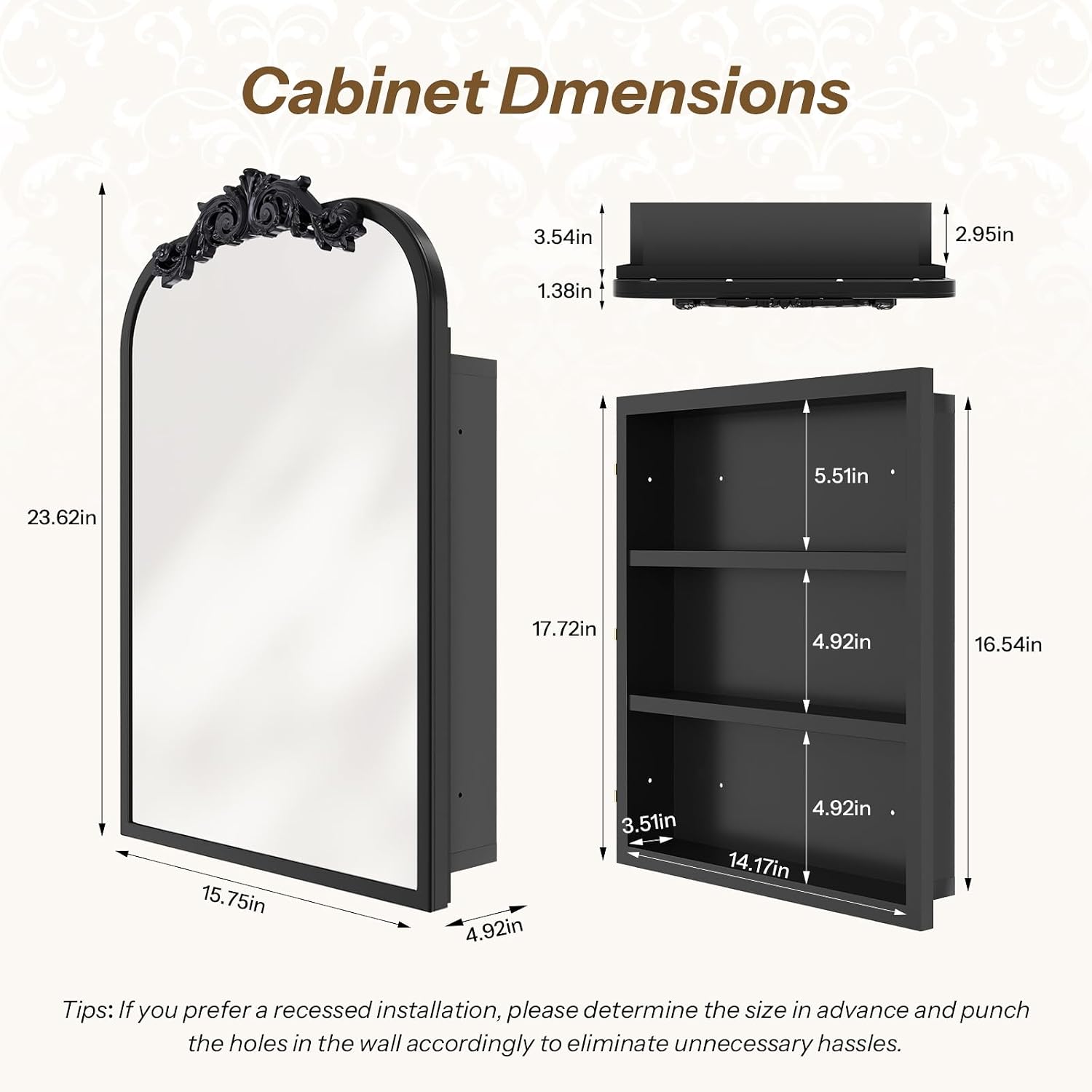 16x24 Inch Bathroom Medicine Cabinet with Mirror, Recessed or Surface Mount, Sturdy, Durable & Easy Installation, Vintage Metal Frame(Black)