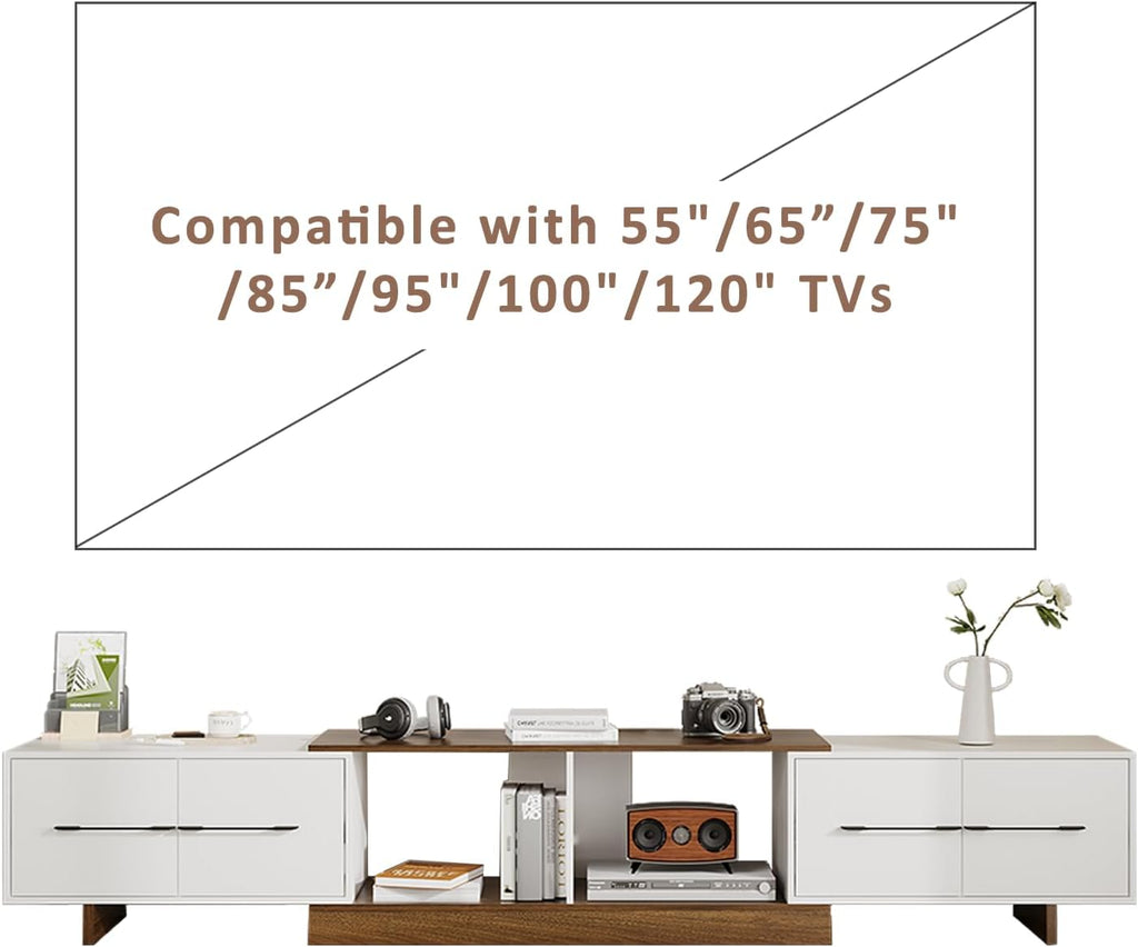 Extendable TV Stand for 55'–120' TVs, Modern Entertainment Center with 4 Drawers, Adjustable Open Shelves & Retractable Design, TV Console for Living Room, Walnut/White