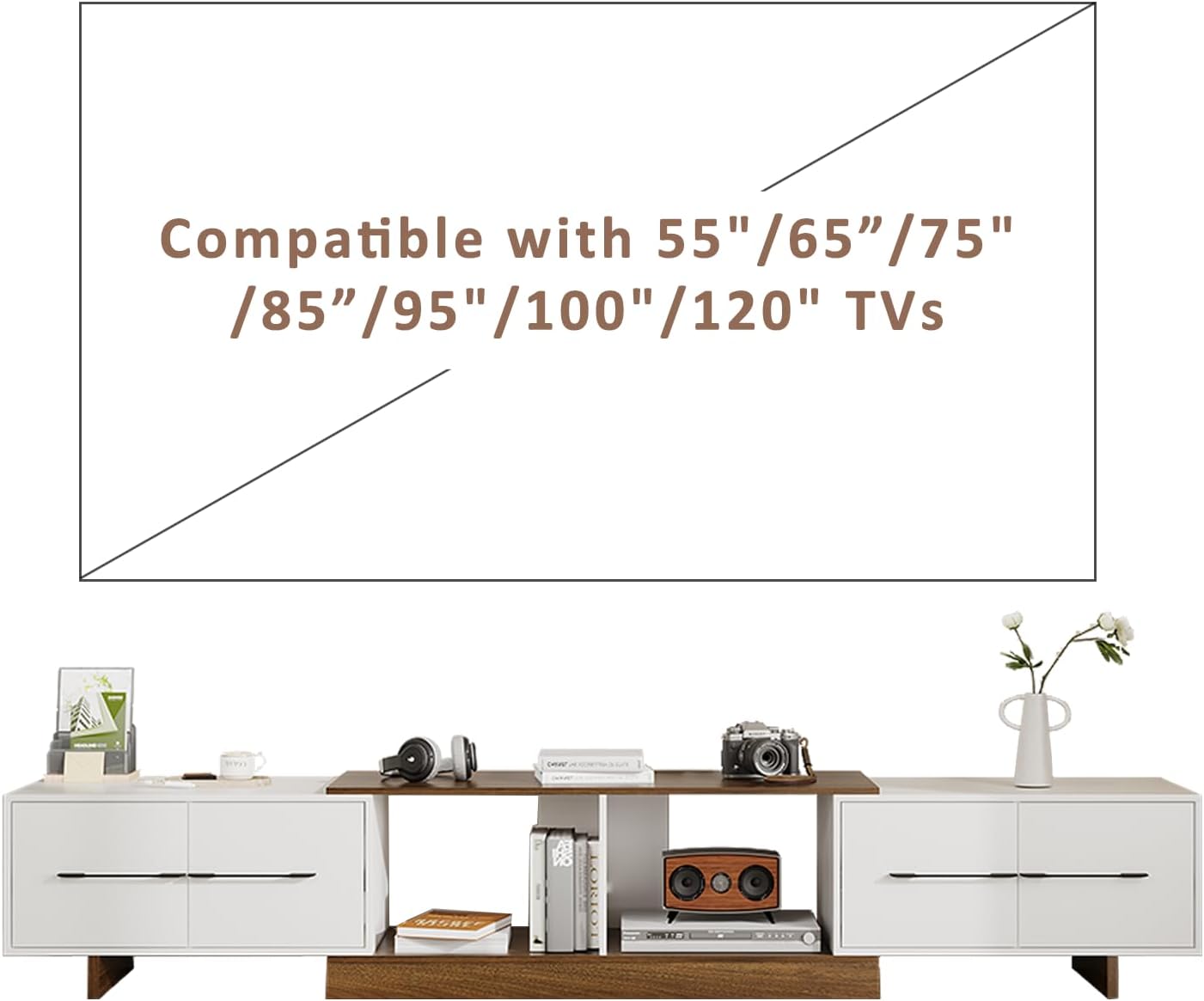 Extendable TV Stand for 55'–120' TVs, Modern Entertainment Center with 4 Drawers, Adjustable Open Shelves & Retractable Design, TV Console for Living Room, Walnut/White