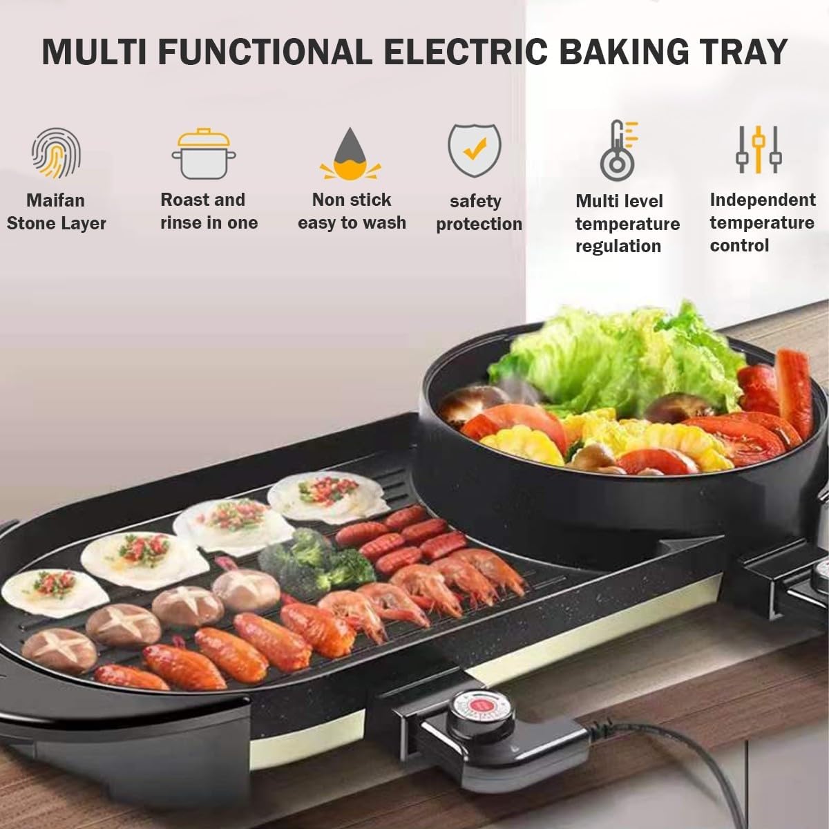 Electric Flat Top Grill, Electric Griddle, Flattop Grills Indoor Safely Washable, Suitable for Frying Grilling Stir Frying(Black,69 * 26 * 14)