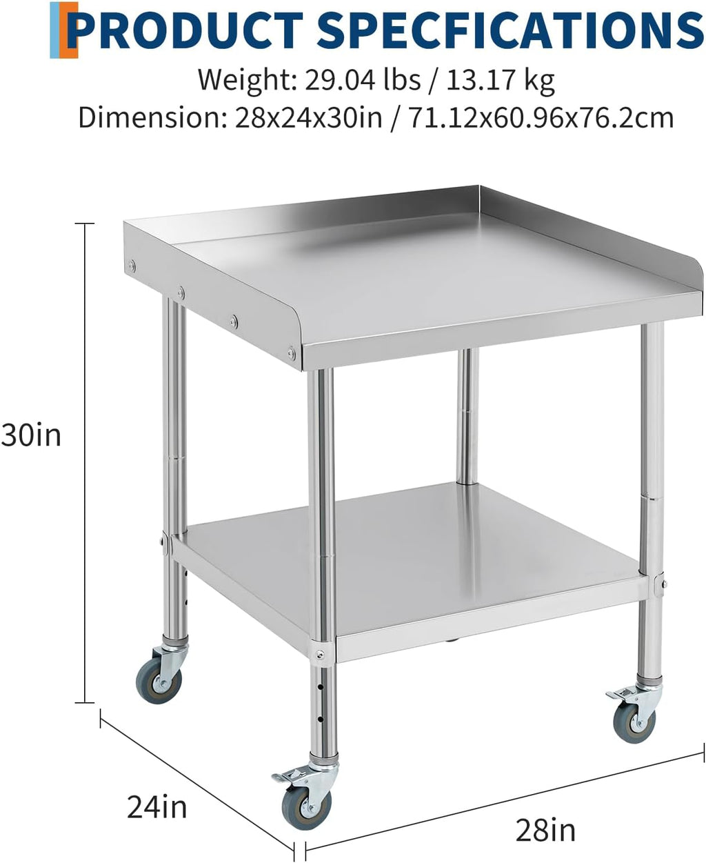 Equipment Grill Stand Table 28x24x30 Inch Stainless Steel NSF Certified 400 Lbs Capacity with Adjustable Legs, 2' Edge Baffle, for Hotel, Home, Commercial Restaurant Kitchen