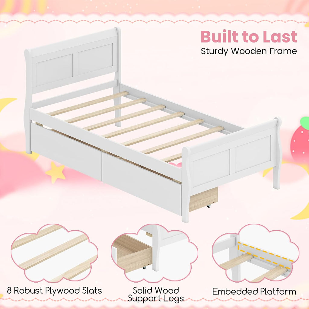 KOMFOTT Twin Bed with 2 Drawers, Twin Storage Bed with Headboard & Footboard, Sleigh Wood Bed Frame with Wooden Slats Support for Kids, Teens, Adults, No Box Spring Needed