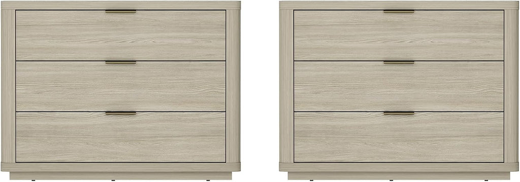Manhattan Comfort Evelyn Modern Nightstand with Drawers, Minimalist Wood Bedside Table with Rounded Edges & Raised Mop Base, Versatile & Multifunctional Accent Table, Set of 2, Natural