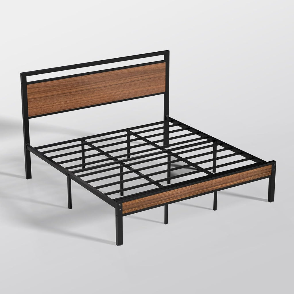 Z-hom King Metal Bed Frame with Wooden Headboard and Footboard, Heavy Duty Platform Frame with Metal Slats, No Box Spring Needed, Quiet and Non-Slip Design, Space Saving Bed Frame for Bedroom,Walnut