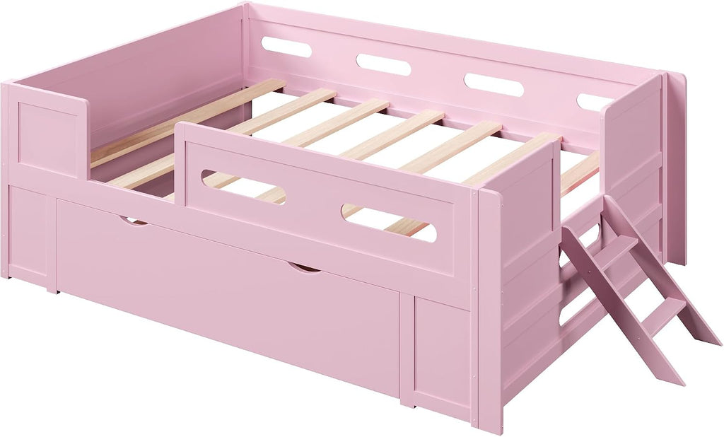 VilroCaz Modern Twin Size Platform Bed with Guardrail and Large Drawer, Wood Kids Platform Bed Frame with Two-Step Ladder for Boys Girls, Sturdy Slats Support (Pink-1.12T)
