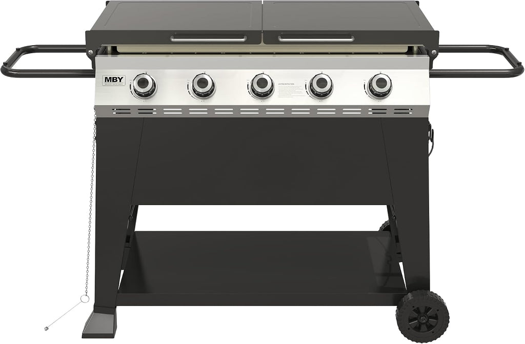 5 Burner Propane Grill with Rainproof Cover 36inch Outdoor Flat Top Griddle Foldable Side Table for Backyards Barbecue