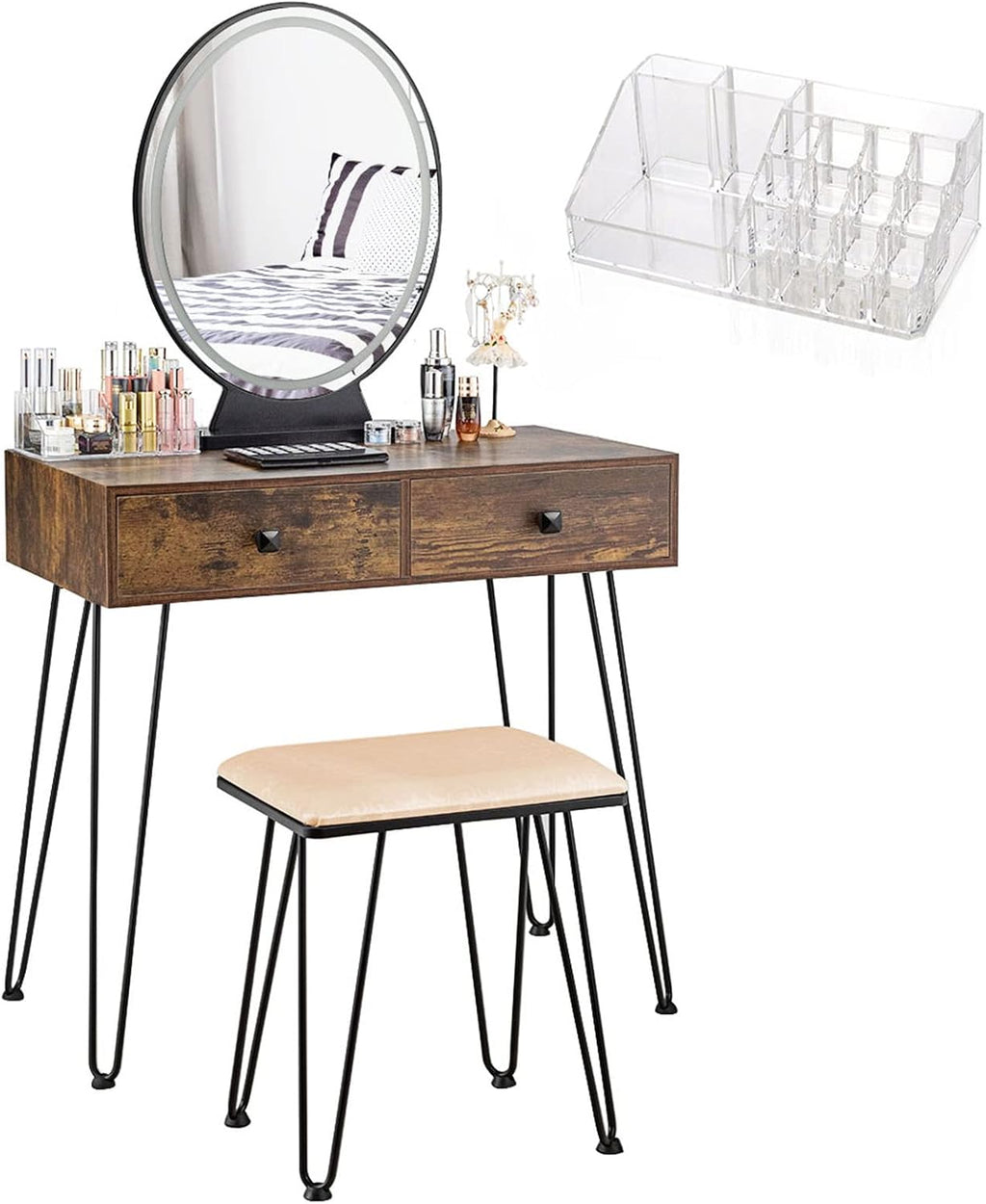 CHARMAID Makeup Vanity Table with Lighted Mirror, 3 Lighting Sets, Adjustable Brightness, 2 Large Drawers, Acrylic Storage Boxes, Girls Bedroom Dressing Table Vanity Set with Stool (Rustic Brown)